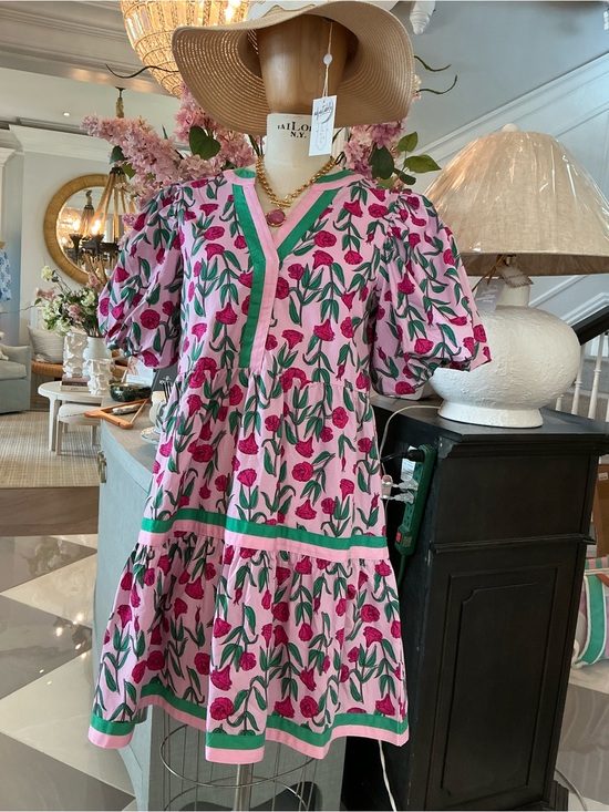 Mud Pie Dresses & Skirts - Mud Pie Pink Floral Tiered Dress with Green Trim